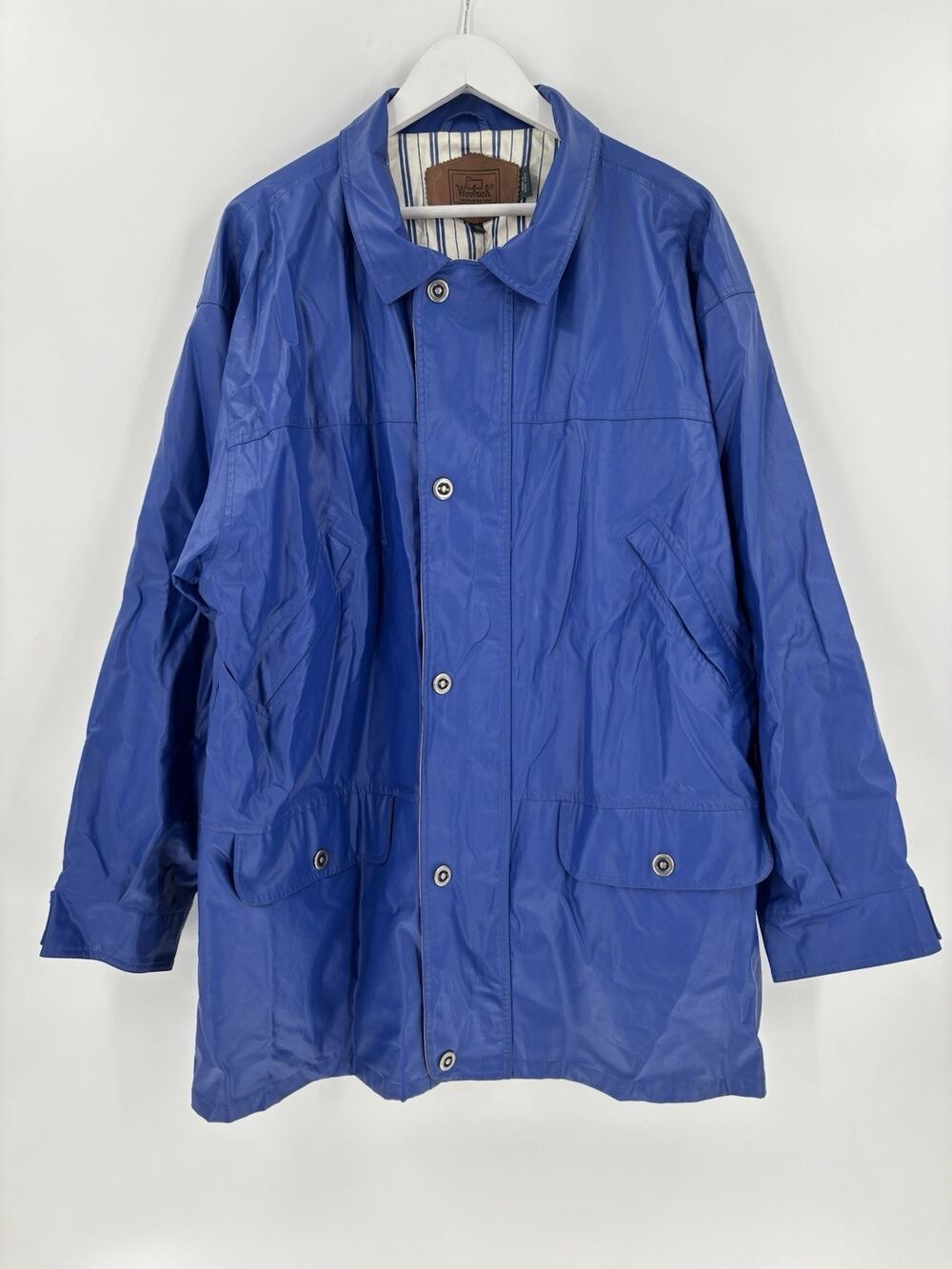 Woolrich Vintage Rain Coat Jacket Mens XL Blue Full Zip Snap PVC 90s Pockets